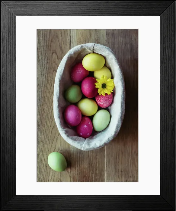 Framed Print : Flowers and Easter eggs on table Framed Print : Flowers and Easter eggs on table