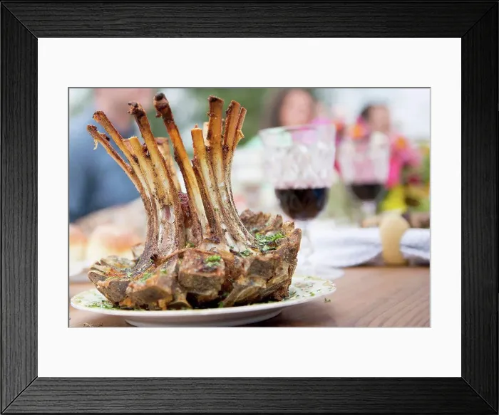 Framed Print : Rack of lamb on plate at family meal, close-up Framed Print : Rack of lamb on plate at family meal, close-up