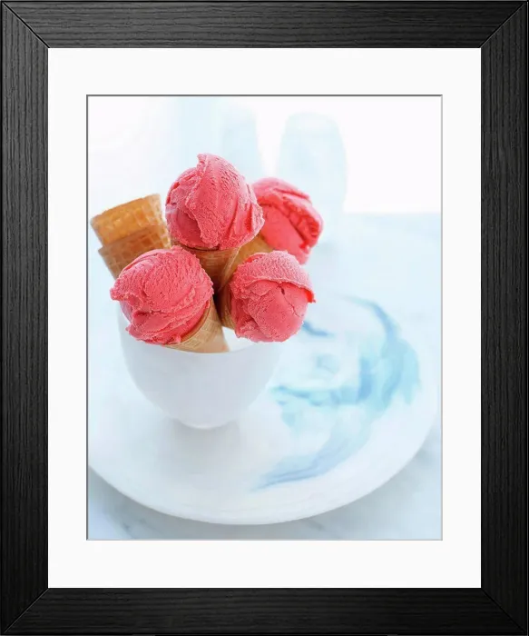 Framed Print : Bowl of ice cream cones filled with strawberry ice cream