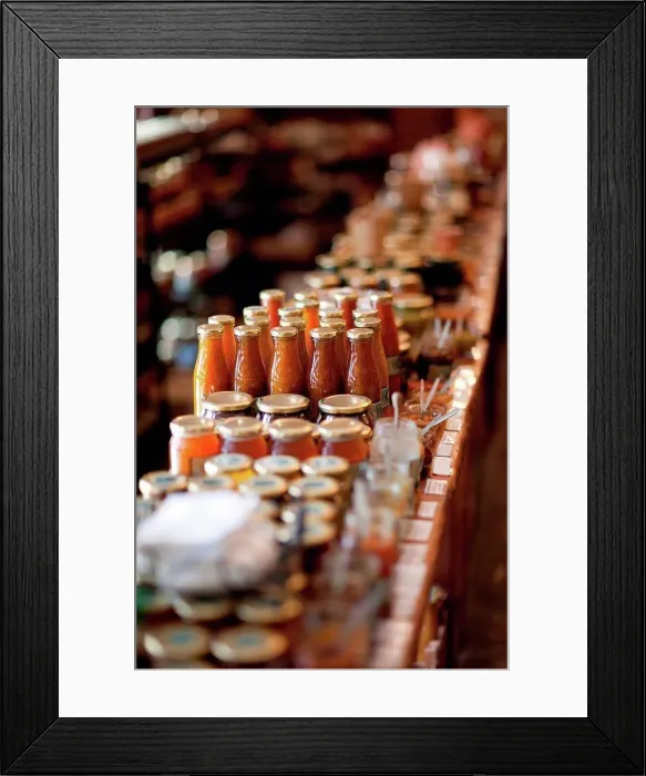 Framed Print : Jars of preserves and sauce in grocery Framed Print : Jars of preserves and sauce in grocery