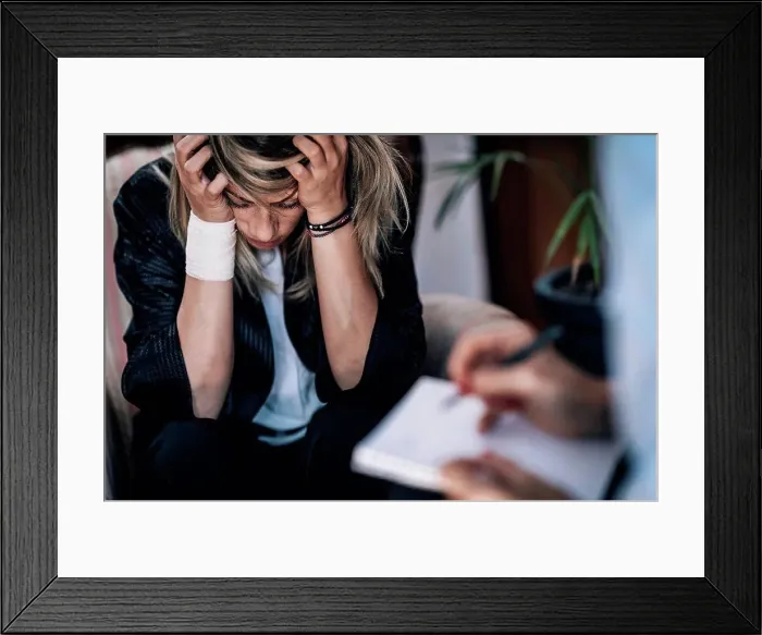 Framed Print : Depression, conceptual image. Suicidal female patient in psychotherapy session Framed Print : Depression, conceptual image. Suicidal female patient in psychotherapy session
