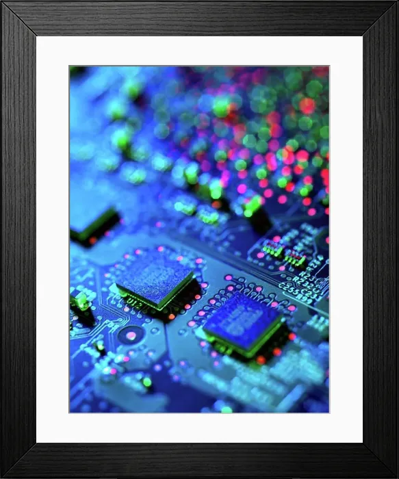 Framed Print : Close up detail of blue computer circuit board Framed Print : Close up detail of blue computer circuit board