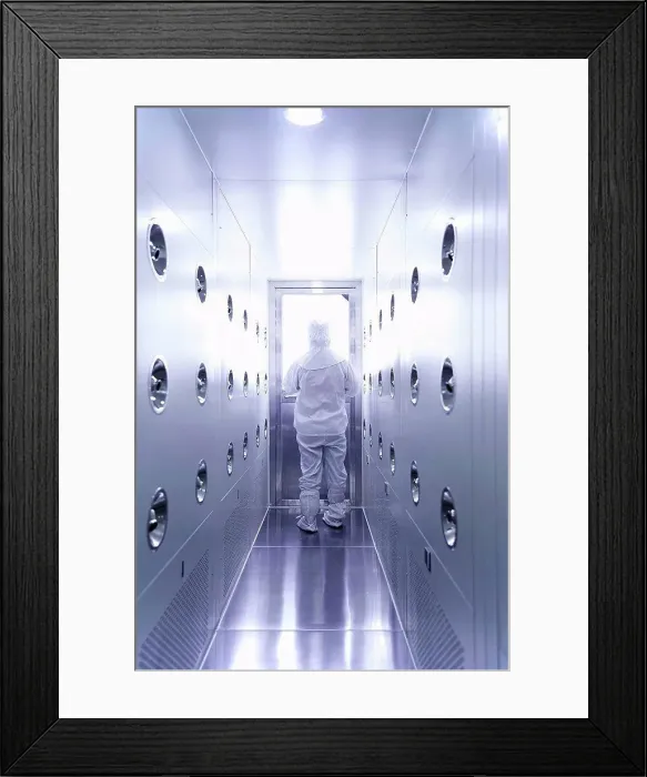 Framed Print : Worker wearing protective clothing in ecigarette factory Framed Print : Worker wearing protective clothing in ecigarette factory