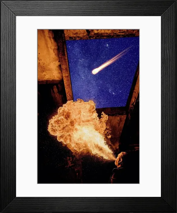 Framed Print : Low angle view of man fire breathing, meteor in starry night sky Framed Print : Low angle view of man fire breathing, meteor in starry night sky