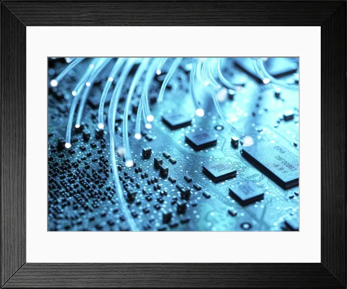 Framed Print : Close-up of fibre optics and computer circuit board
