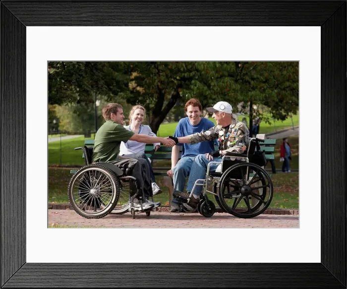 Framed Print : Veterans joining friends and shaking hands in the park