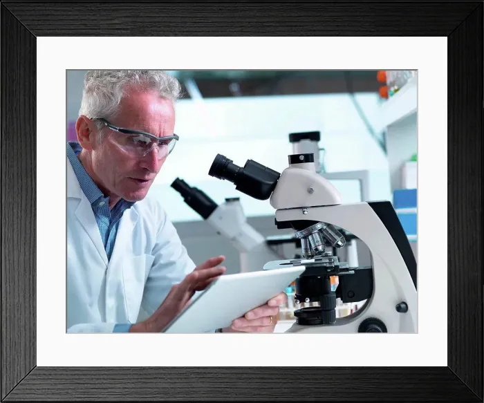 Framed Print : Researcher viewing information on digital tablet in a laboratory Framed Print : Researcher viewing information on digital tablet in a laboratory