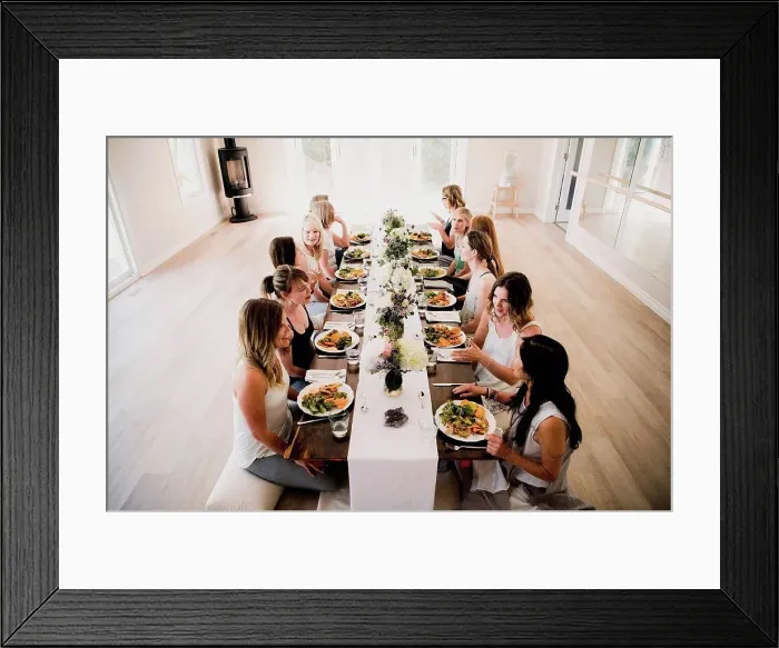 Framed Print : Women enjoying friendship and meal in yoga retreat Framed Print : Women enjoying friendship and meal in yoga retreat