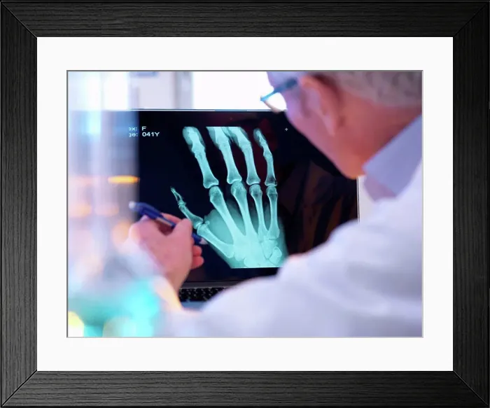 Framed Print : Radiographer looking at x-ray of hand fracture Framed Print : Radiographer looking at x-ray of hand fracture