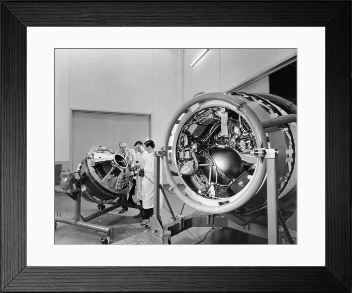 Framed Print : Three scientists working on satellites in a laboratory, GE Space Technology Labs, Valley Forge, Pennsylvania, USA Framed Print : Three scientists working on satellites in a laboratory, GE Space Technology Labs, Valley Forge, Pennsylvania, USA