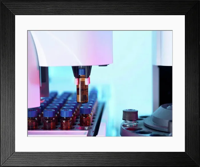 Framed Print : Gas chromatography separating vials of complex compound mixtures into individual components Framed Print : Gas chromatography separating vials of complex compound mixtures into individual components