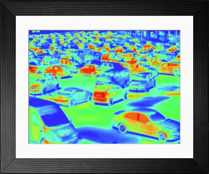Framed Print : Cars in parking lot, thermal image Framed Print : Cars in parking lot, thermal image