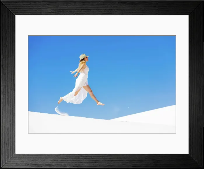Framed Print : Woman jumping on the Gypsum Sand Dune, White Sands, New Mexico, United States of America, North America Framed Print : Woman jumping on the Gypsum Sand Dune, White Sands, New Mexico, United States of America, North America