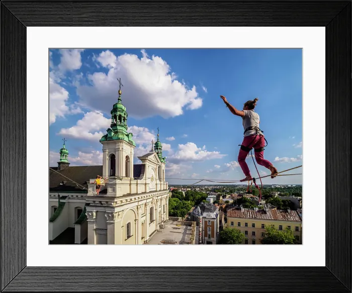 Framed Print : Highlining with Cathedral in the background, Urban Highline Festival, Lublin, Lublin Voivodeship, Poland, Europe