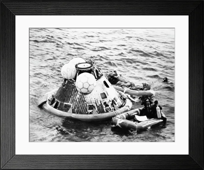Framed Print : High angle view of a rescue squad near a space capsule in the sea Framed Print : High angle view of a rescue squad near a space capsule in the sea