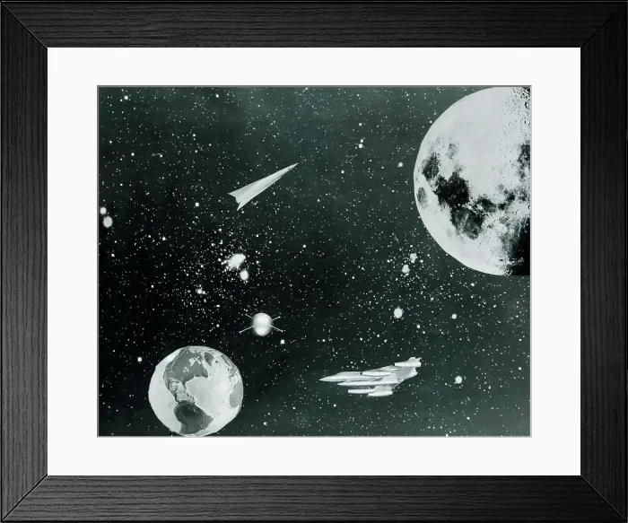 Framed Print : Spaceships traveling between planet Earth and moon Framed Print : Spaceships traveling between planet Earth and moon
