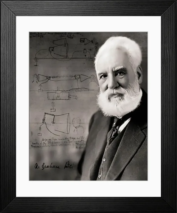 Framed Print : Photo Illustration of Alexander Graham Bell With Sketches of Early Inventions Framed Print : Photo Illustration of Alexander Graham Bell With Sketches of Early Inventions