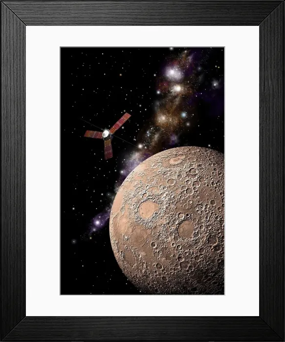 Framed Print : An artist's depiction of a probe investigating a heavily cratered moon in deep space Framed Print : An artist's depiction of a probe investigating a heavily cratered moon in deep space