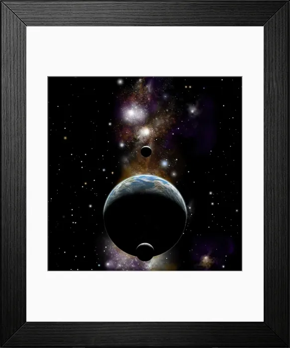 Framed Print : An artist's depiction of an Earth type world with two moons against a background of nebula and stars Framed Print : An artist's depiction of an Earth type world with two moons against a background of nebula and stars