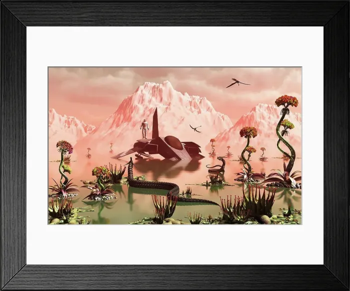 Framed Print : A lone Star Fighter pilot looks around the alien landscape Framed Print : A lone Star Fighter pilot looks around the alien landscape