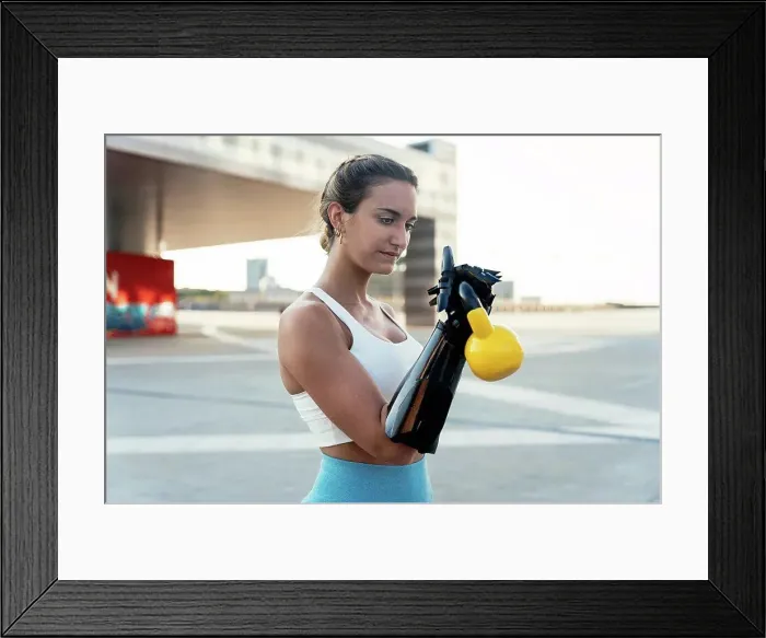 Framed Print : Young woman with arm prosthesis exercising with kettlebell Framed Print : Young woman with arm prosthesis exercising with kettlebell