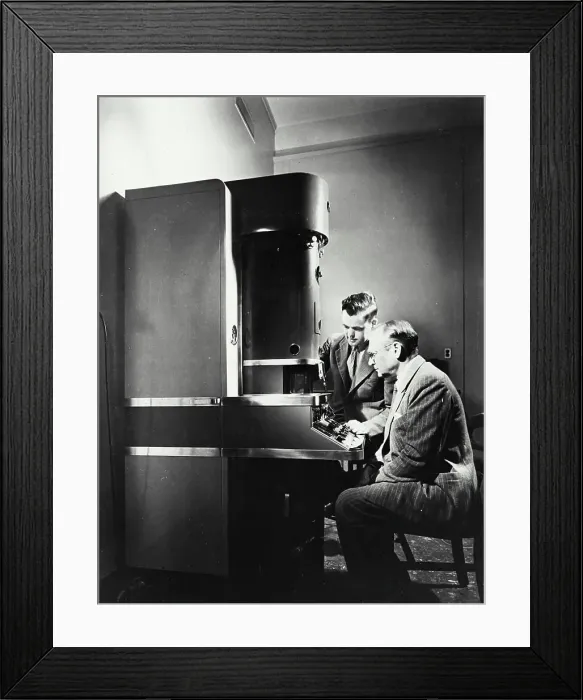 Framed Print : Vintage photograph. Electron microscope with its inventor Dr. VK Zworykin and Dr. James Hillier Framed Print : Vintage photograph. Electron microscope with its inventor Dr. VK Zworykin and Dr. James Hillier
