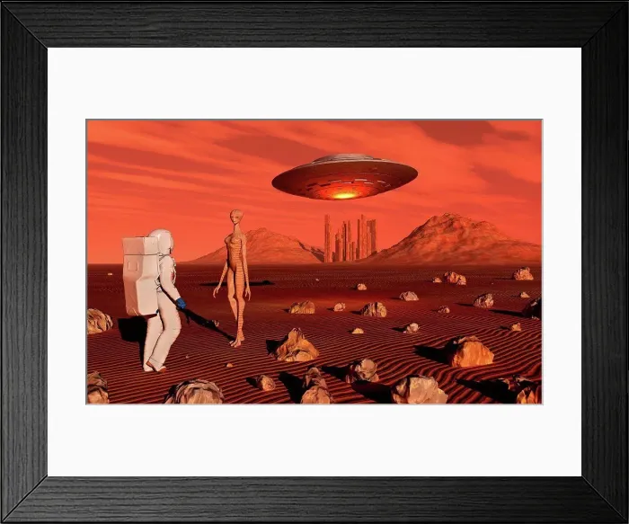 Framed Print : A human astronaut making contact with a reptoid alien on the surface of Mars Framed Print : A human astronaut making contact with a reptoid alien on the surface of Mars
