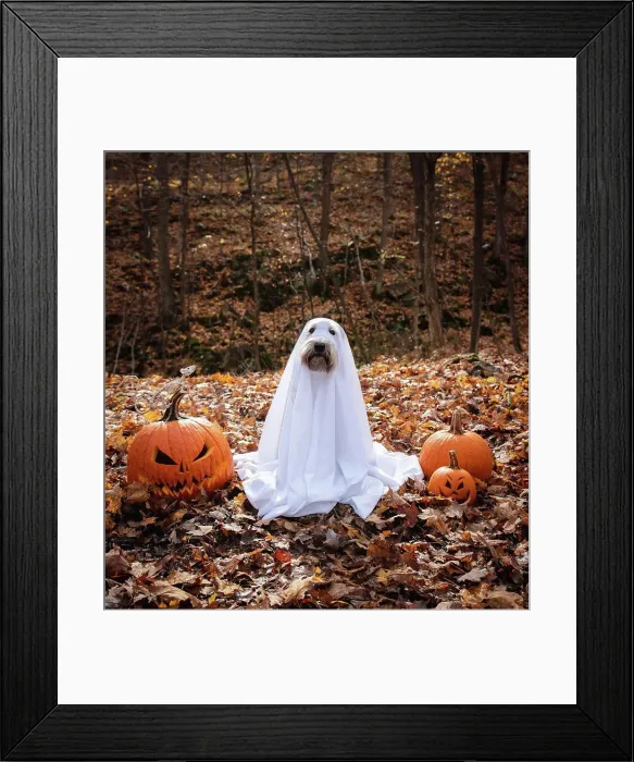Framed Print : Dog wearing a ghost costume sitting between pumpkins for Halloween