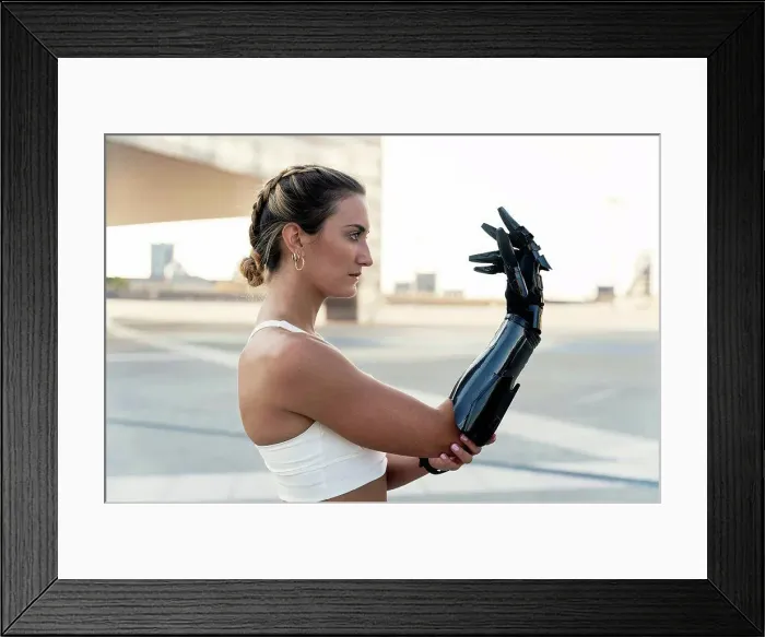 Framed Print : Beautiful young woman looking at arm prosthesis Framed Print : Beautiful young woman looking at arm prosthesis