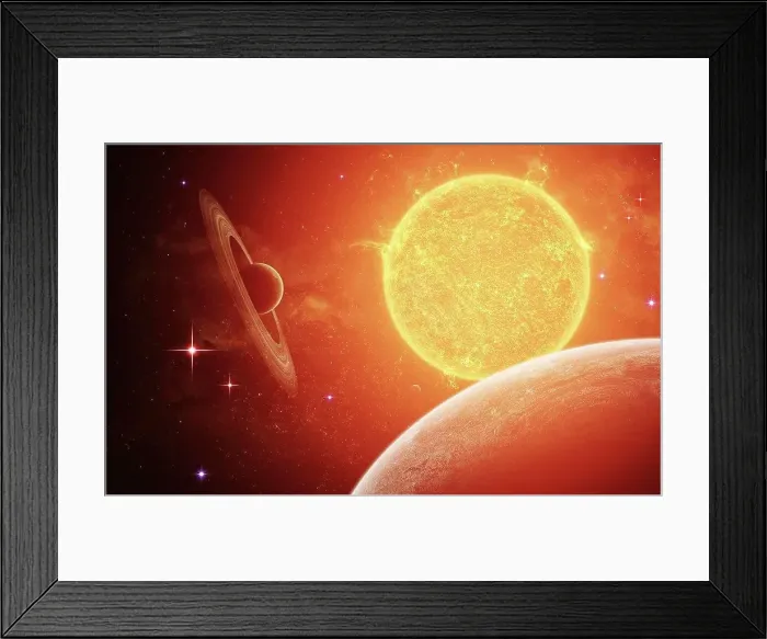 Framed Print : A planet and its moon resisting the relentless heat of the giant orange sun Pollux Framed Print : A planet and its moon resisting the relentless heat of the giant orange sun Pollux