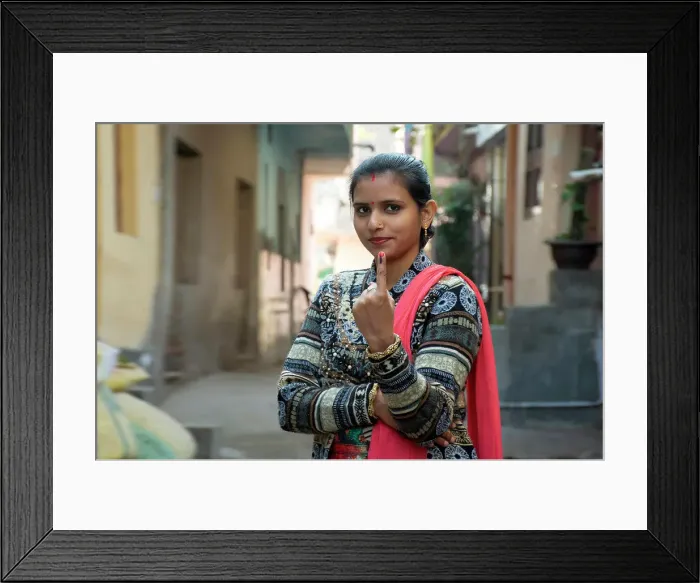 Framed Print : indian woman showing voting mark in hand after polling the Vote