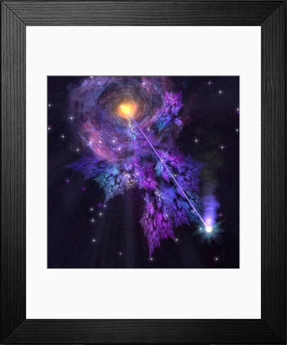 Framed Print : A shooting star radiates out from a black hole in the center of a galaxy