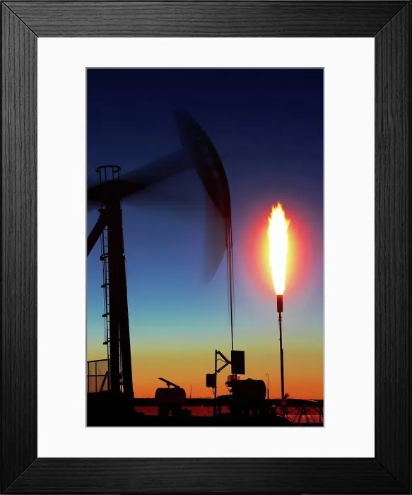 Framed Print : USA, Colorado, Oil well pumpjack (pump jack) and gas flare (flare stack) Framed Print : USA, Colorado, Oil well pumpjack (pump jack) and gas flare (flare stack)