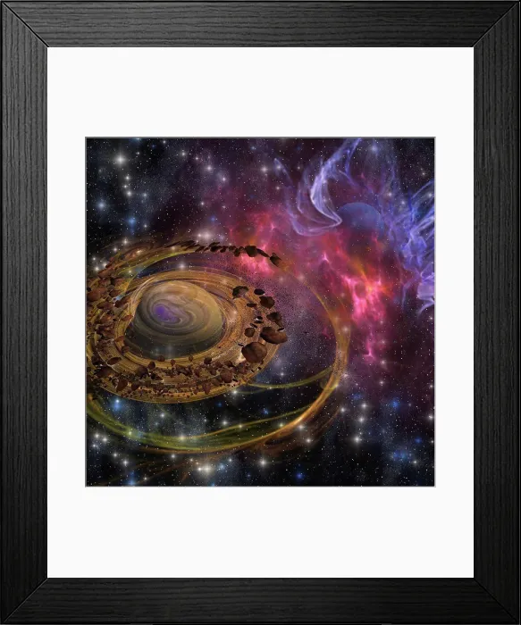 Framed Print : Rocks as big as mountains swirl around and form a planet in the cosmos