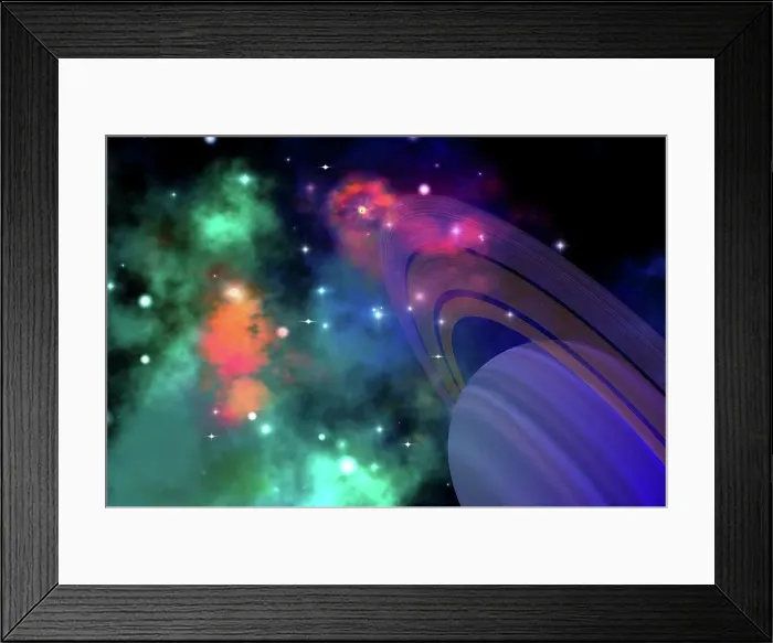 Framed Print : Colorful nebula near a ringed planet Framed Print : Colorful nebula near a ringed planet