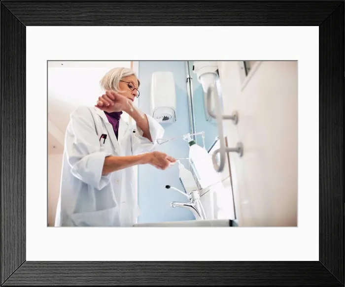 Framed Print : Low angle view of senior female doctor using soap dispenser to wash hands in bathroom Framed Print : Low angle view of senior female doctor using soap dispenser to wash hands in bathroom