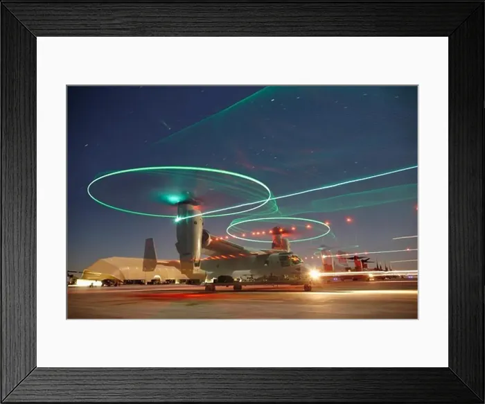 Framed Print : Nighttime view of a U.S. Marine Corps MV-22 Osprey taxiing out to launch at Camp Bastion, Helmand Province, Afghanistan Framed Print : Nighttime view of a U.S. Marine Corps MV-22 Osprey taxiing out to launch at Camp Bastion, Helmand Province, Afghanistan