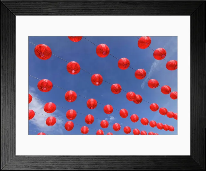 Framed Print : Chinese lanterns against blue sky