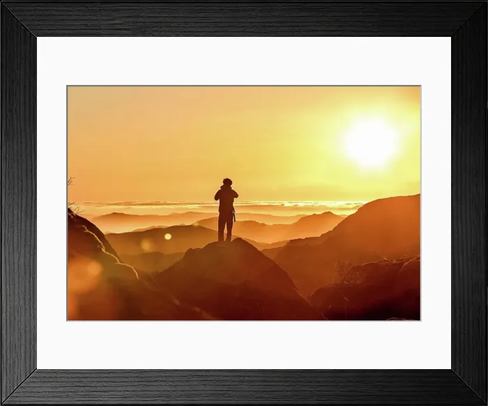 Framed Print : Hiker enjoying view on hilltop at sunset, Preikestolen (Pulpit Rock), Lysefjord, Norway, Stavanger Framed Print : Hiker enjoying view on hilltop at sunset, Preikestolen (Pulpit Rock), Lysefjord, Norway, Stavanger