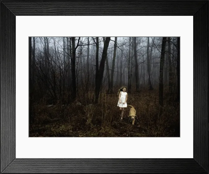 Framed Print : Girl wearing white dress walking her dog in forest Framed Print : Girl wearing white dress walking her dog in forest