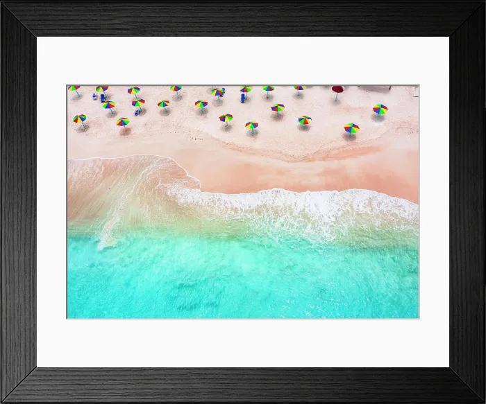Framed Print : Multi colored umbrellas on tropical beach washed by waves of Caribbean Sea