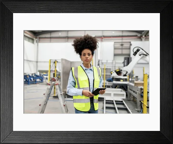 Framed Print : Technician holding tablet PC standing in factory