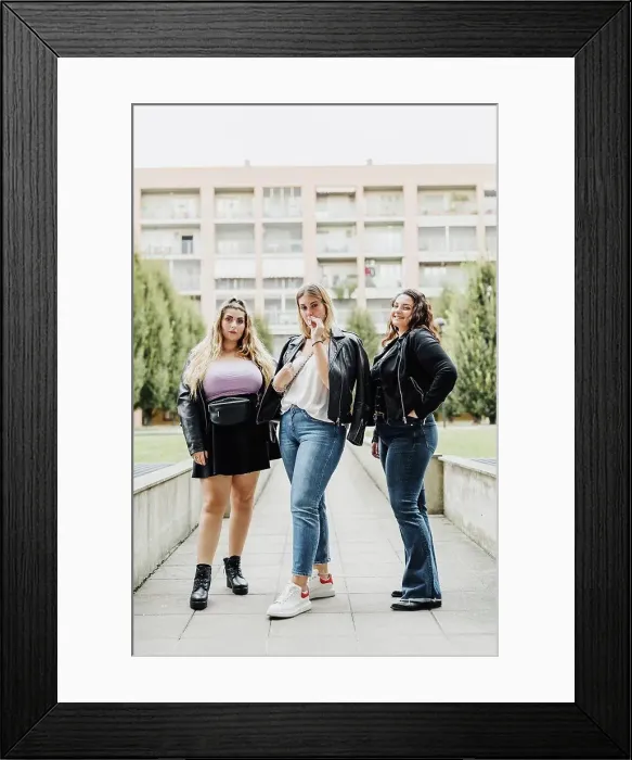 Framed Print : Three young women outside their apartment block Framed Print : Three young women outside their apartment block