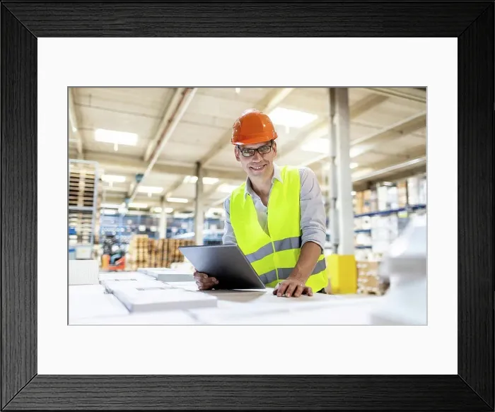 Framed Print : Smiling worker with tablet PC leaning on box in warehouse Framed Print : Smiling worker with tablet PC leaning on box in warehouse