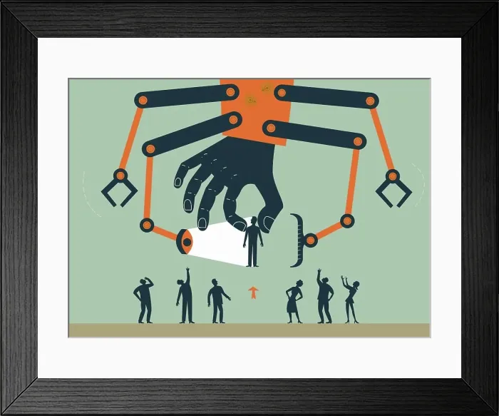 Framed Print : Robotic arm choosing and examining man standing out from the crowd Framed Print : Robotic arm choosing and examining man standing out from the crowd