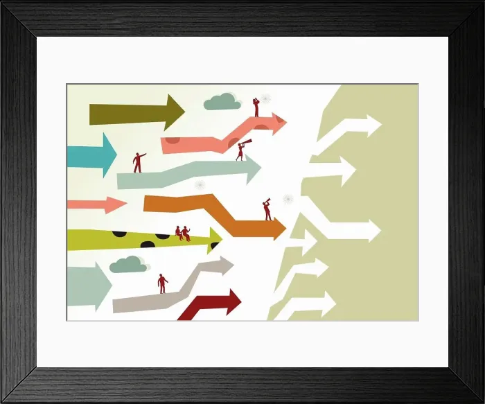 Framed Print : People with telescopes on advancing multicolored arrows Framed Print : People with telescopes on advancing multicolored arrows
