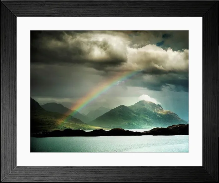 Framed Print : View of rainbow in stormy sky, Highlands, Scotland, UK