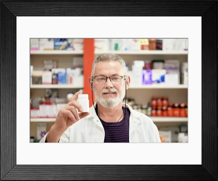 Framed Print : Pharmacist wearing eyeglasses holding bottle of medicine at pharmacy store Framed Print : Pharmacist wearing eyeglasses holding bottle of medicine at pharmacy store