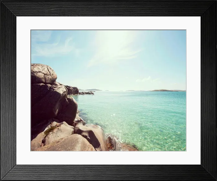 Framed Print : View of sunlit sea and coastal rock formations, Isle of Barra, Hebrides, Scotland, UK Framed Print : View of sunlit sea and coastal rock formations, Isle of Barra, Hebrides, Scotland, UK