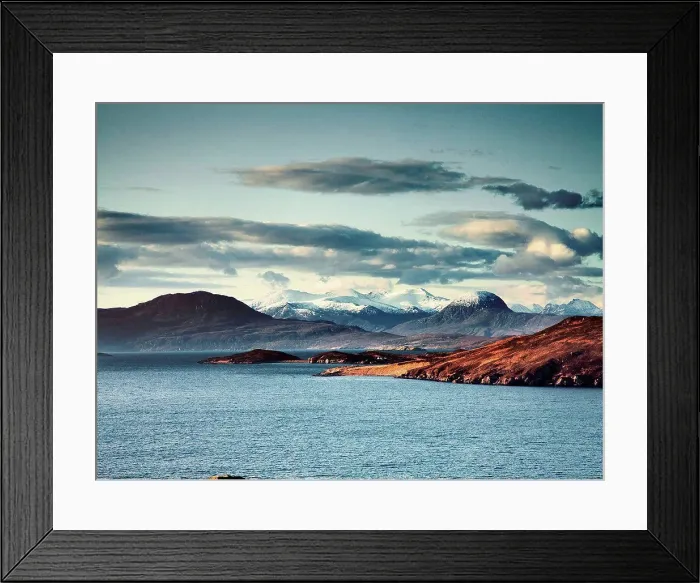 Framed Print : Lake surrounded by snow capped mountains, Assynt, Scotland Framed Print : Lake surrounded by snow capped mountains, Assynt, Scotland